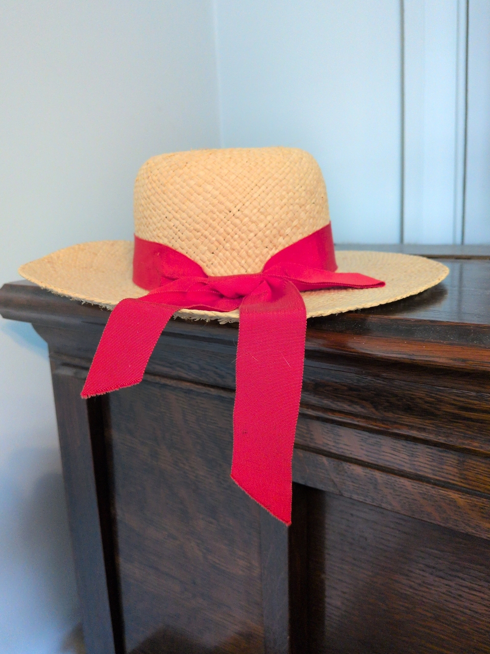 Straw Sun Hat with Red Ribbon Accent